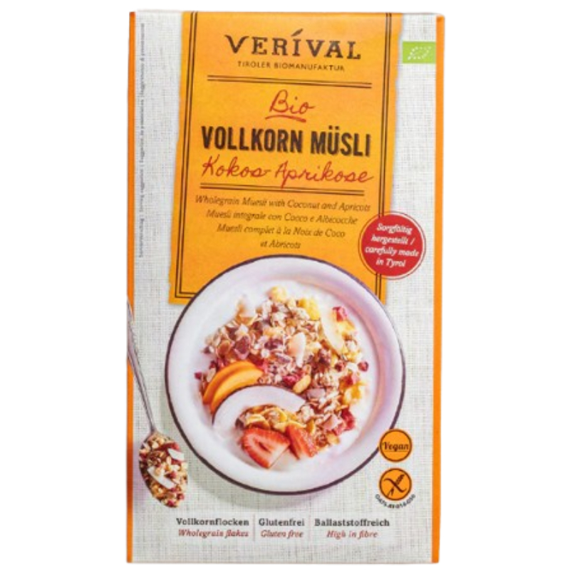 เวริวาล มูสลี่โฮลเกรนไร้กลูเตน รสมะพร้าวและแอปริคอต ออร์แกนิกและวีแกน ขนาด 325 กรัม-Gluten Free Whol