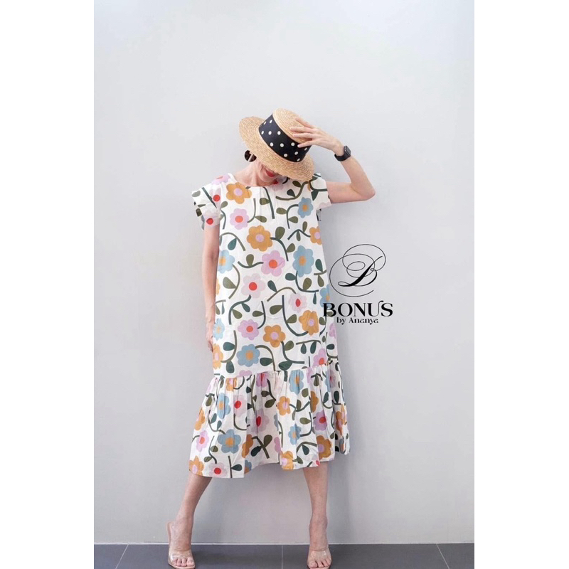 🏷ป้ายBonus by Ananya  ‼️ชุดเดรสคอกลมแขนกุด ชายระบายสวยๆหวานๆ น่ารักสุดๆ เนื้อผ้าคอตตอนญี่ปุ่น 100%