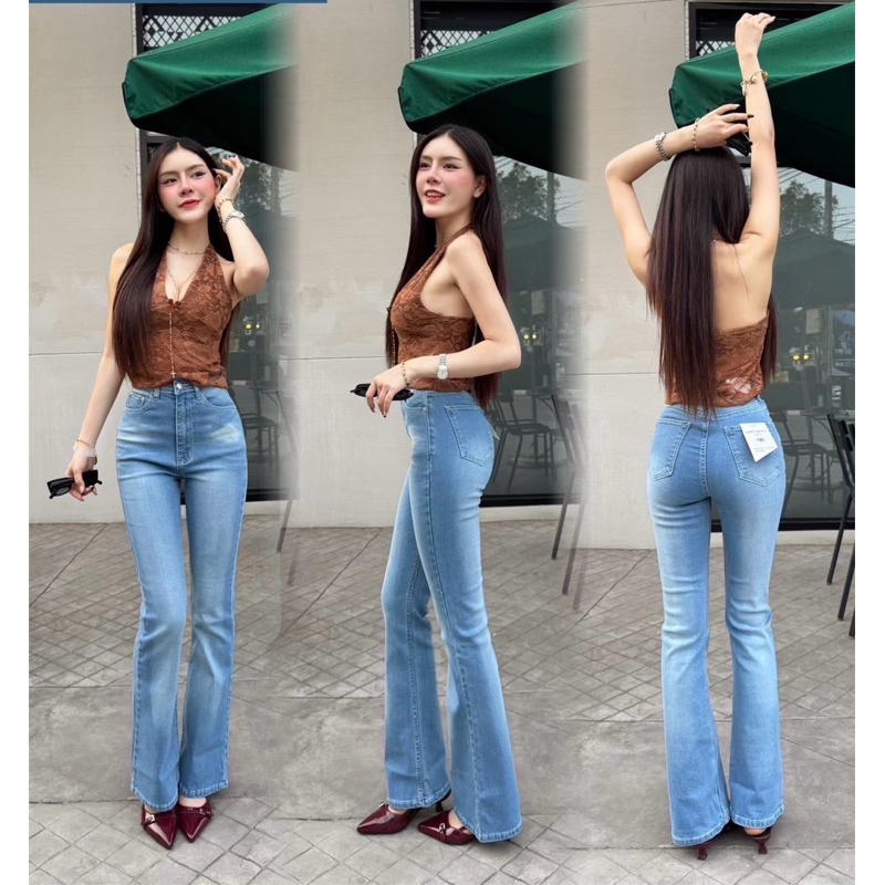 กางเกงยีนส์ขาม้า สีฟ้าใส(9830) ผ้ายืด เอวสูง สีใหม่ สีสวยโดนใจสายหวาน