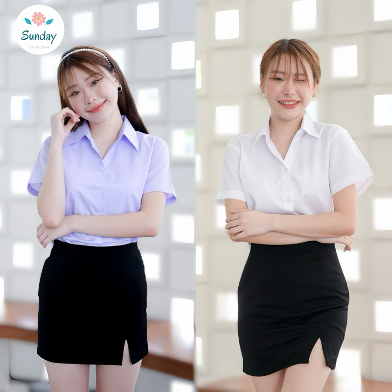 เสื้อนักศึกษาเข้ารูป เสื้อนักศึกษาแขนกระบอกสั้น หลังว่าง-ไม่ตีเกร็ด สีขาวนวล สีขาวโอโม่ (ทรงอาชีวะถูกระเบียบ)