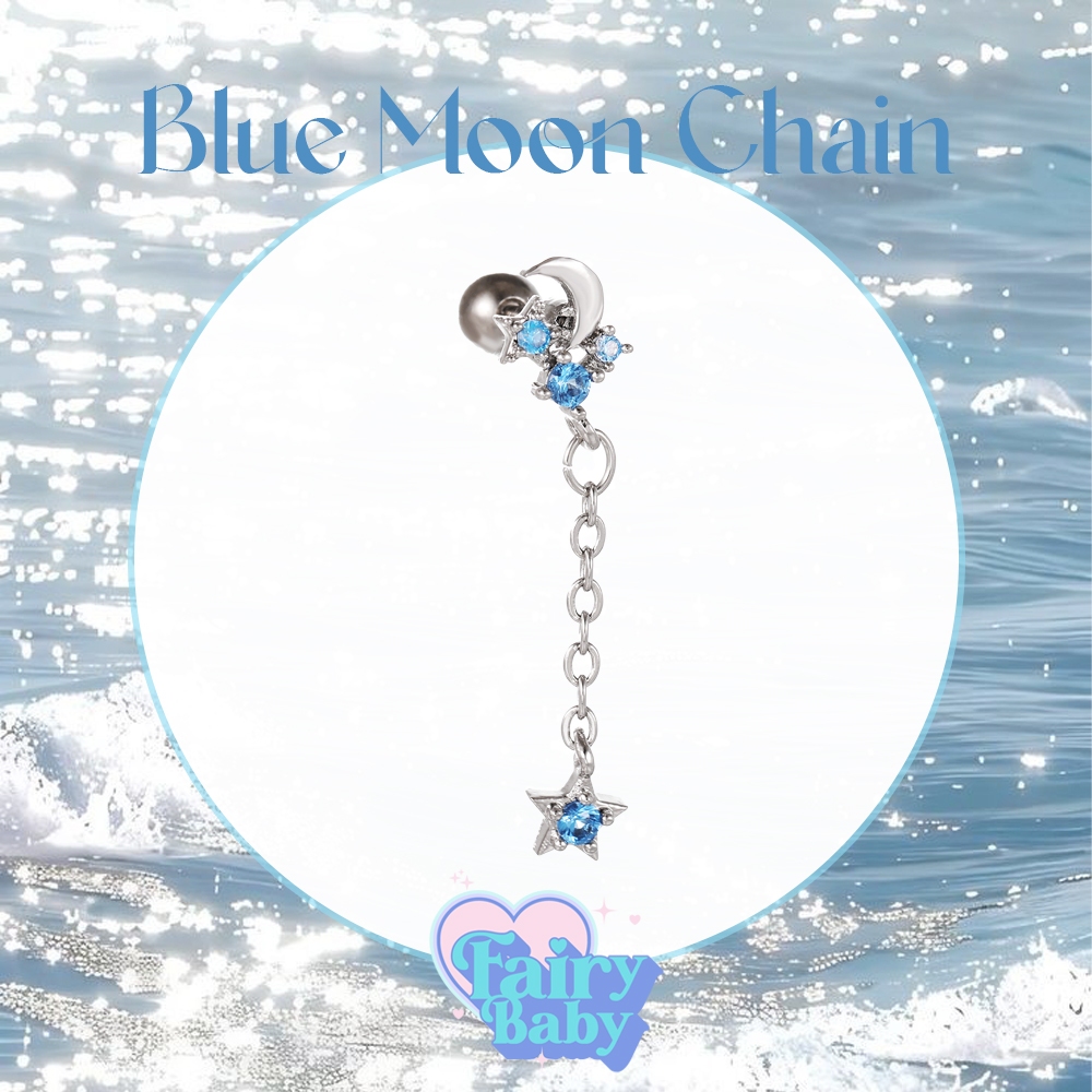 Fairybaby จิว Blue Moon Chain (1 ชิ้น) จิวหู จิวพระจันทร์ จิวเพชร สีฟ้า รูปดาว งาน โซ่  น่ารัก ตุ้งติ้ง (J1-018)