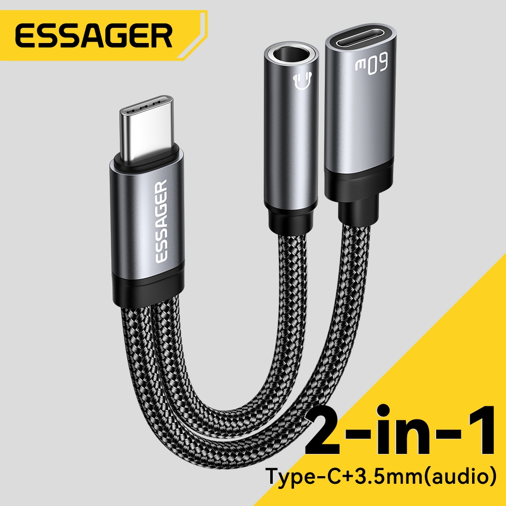 Essager 60W สายอะแดปเตอร์ชาร์จเสียง 2-in-1 C-C+3.5/C-C+C