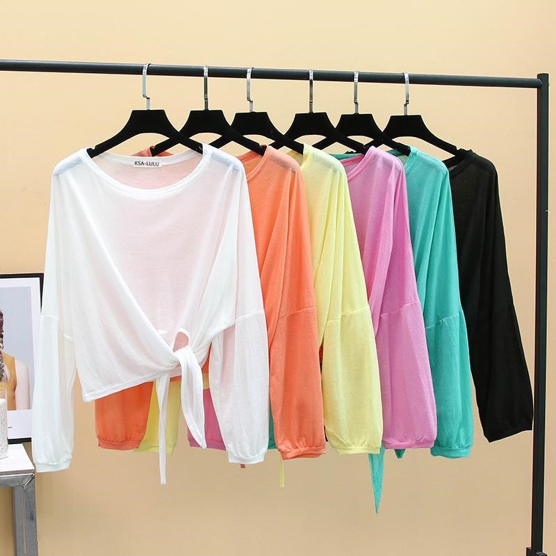 เสื้อครอปแขนยาวซีทรูเนื้อผ้า oversize เสื้อผ้ามินิมอลไซซ์ใหญ่ แฟชั่นเกาหลี เสื้อยืดสวยๆผู้หญิงเซ็กซี่ ป้องกันแสงแดดเดียว