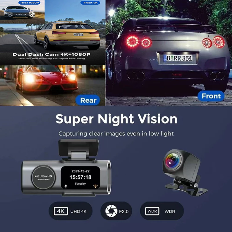 4K 2160P ตำแหน่งGPS dash cam กล้องติดรถยนต์ มุมกว้าง 170°กล้องหน้าหลัง การเชื่อมต่อ APP WiFi การดูแบบเรียลไทม์ โหมดกลางค thumbnail 7