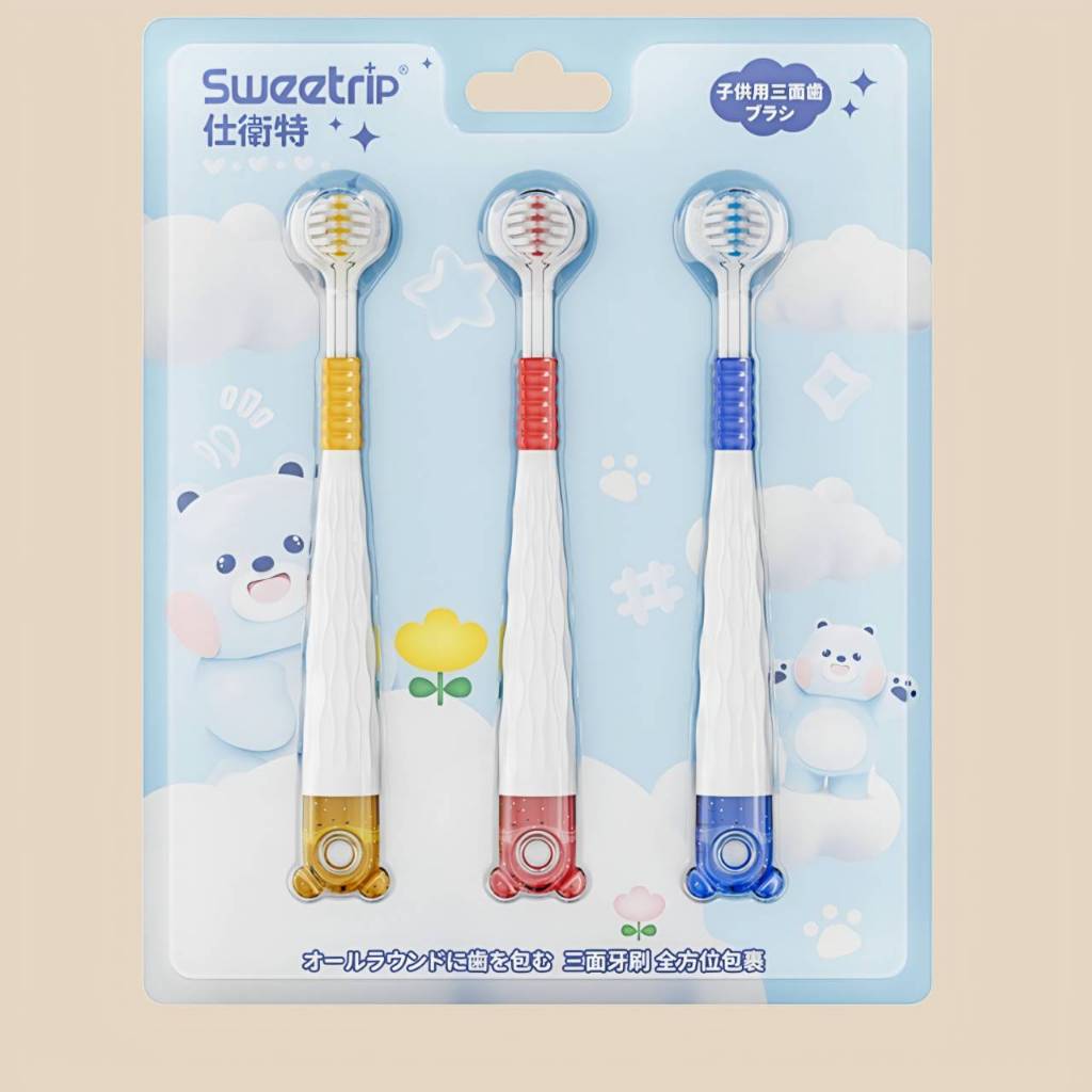 แปรงสีฟันเด็ก 3D ทำความสะอาดได้รอบทิศทาง ลายการ์ตูนน่ารัก 3 ด้าม/แพ็ค - รูปที่ 2