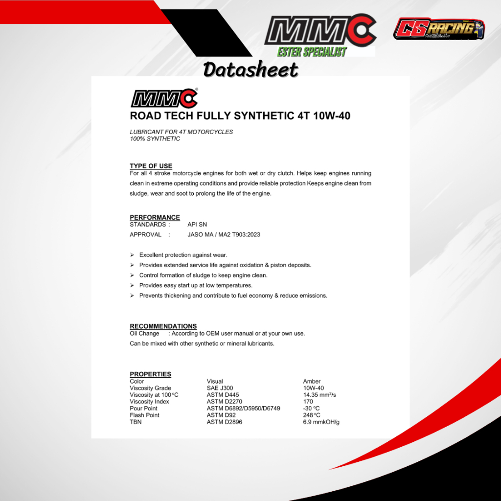 ชุุด 3 ลิตร น้ำมันเครื่อง MMC ROAD TECH สังเคราะห์แท้ 100% สำหรับ HONDA CB500X CBR650 CBR600RR CBR1000RR