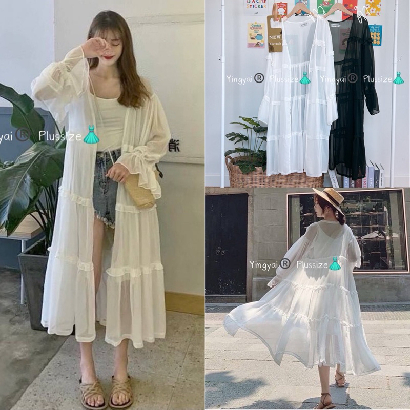✅ /YY/ เสื้อคลุมชีฟอง แต่งระบาย ใส่คลุมบิกินี่ คลุมกันแดด #เสื้อผ้าไซส์ใหญ่ พลัสไซส์