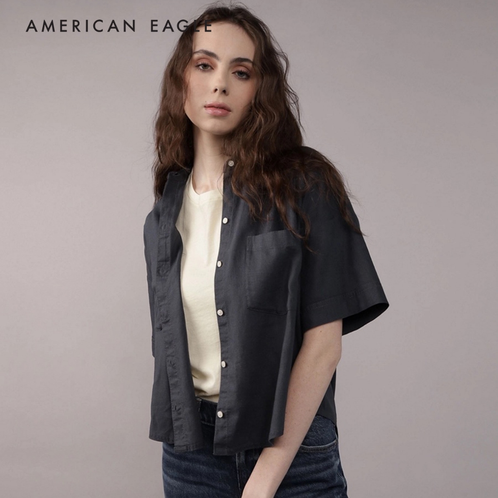 American Eagle Linen-Blend Short-Sleeve Button-Up Shirt เสื้อเชิ้ต ผู้หญิง แขนสั้น (EWSB 035-6065-410) – โปรปัง