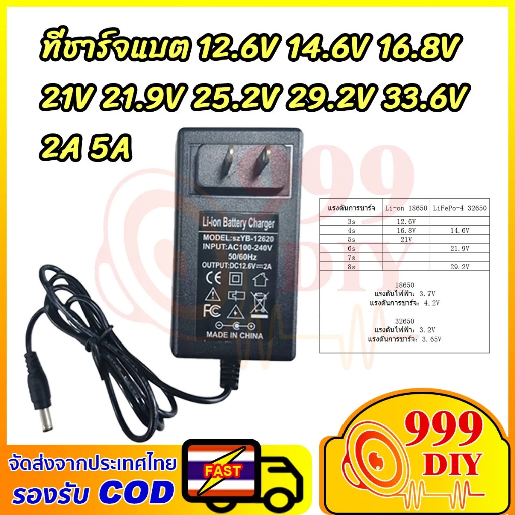 999DIY อแดปเตอร์ชาร์จแบตลิเที่ยม DC 12.6V 14.6V 16.8V 21V 21.9V 29.2V 2A แล้วตัด มีไฟสถานะ ชาร์จ Li-ion Battery Charger