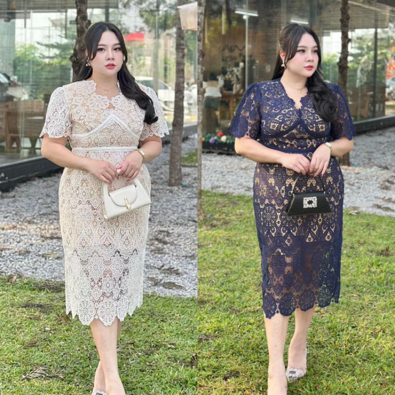 ชุดออกงานสาวอวบ ชุดลูกไม้ ชุดออกงาน พร้อมส่ง อก 40-50 นิ้ว งานพรีเมี่ยม #Peppermint_PlusSize  (693)