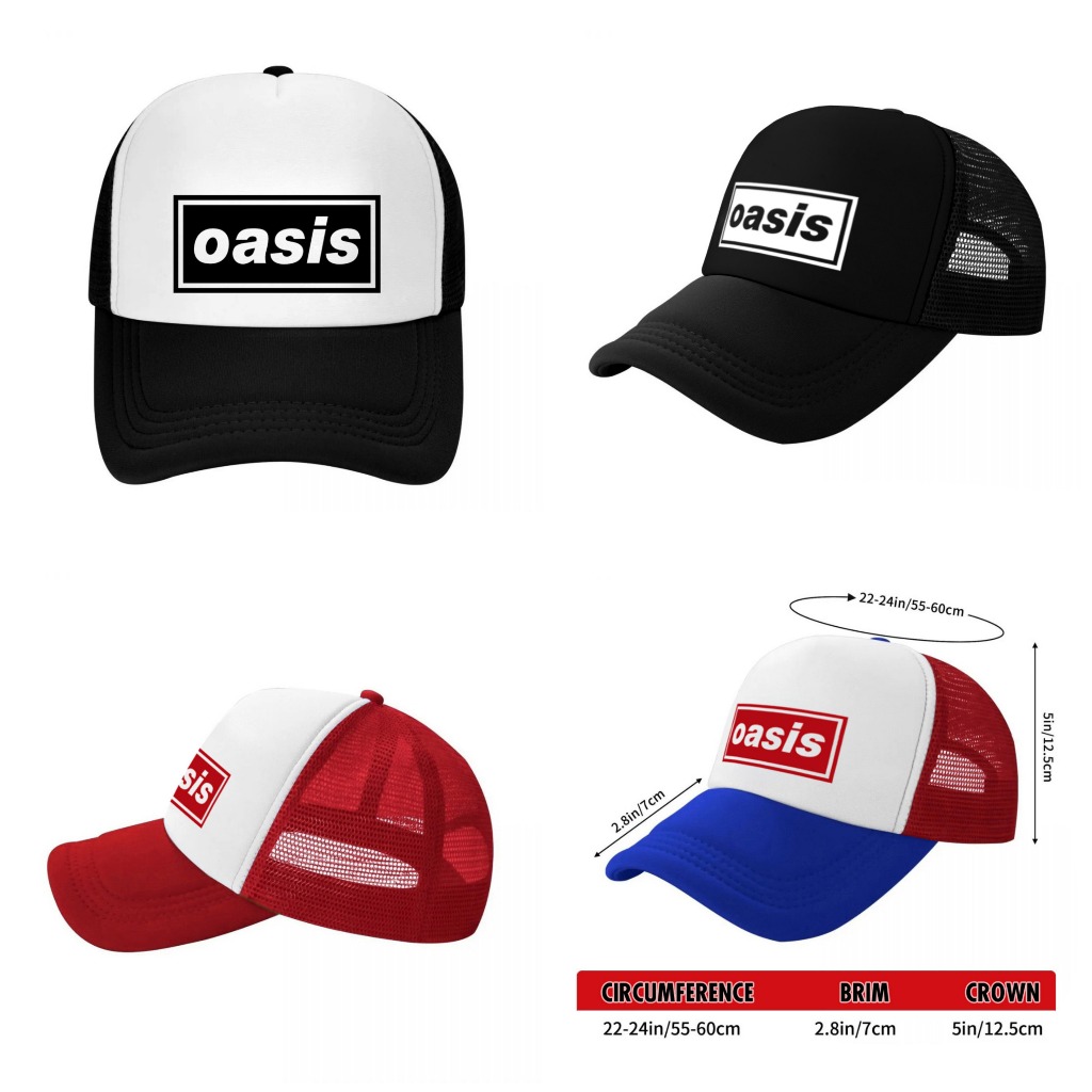 หมวกแก็ป หมวกเบสบอล หน้าบุฟองน้ำ หลังตาข่าย สกรีน OASIS  ด้วย Flex pu ขอบเรียบ สวย คมชัด
