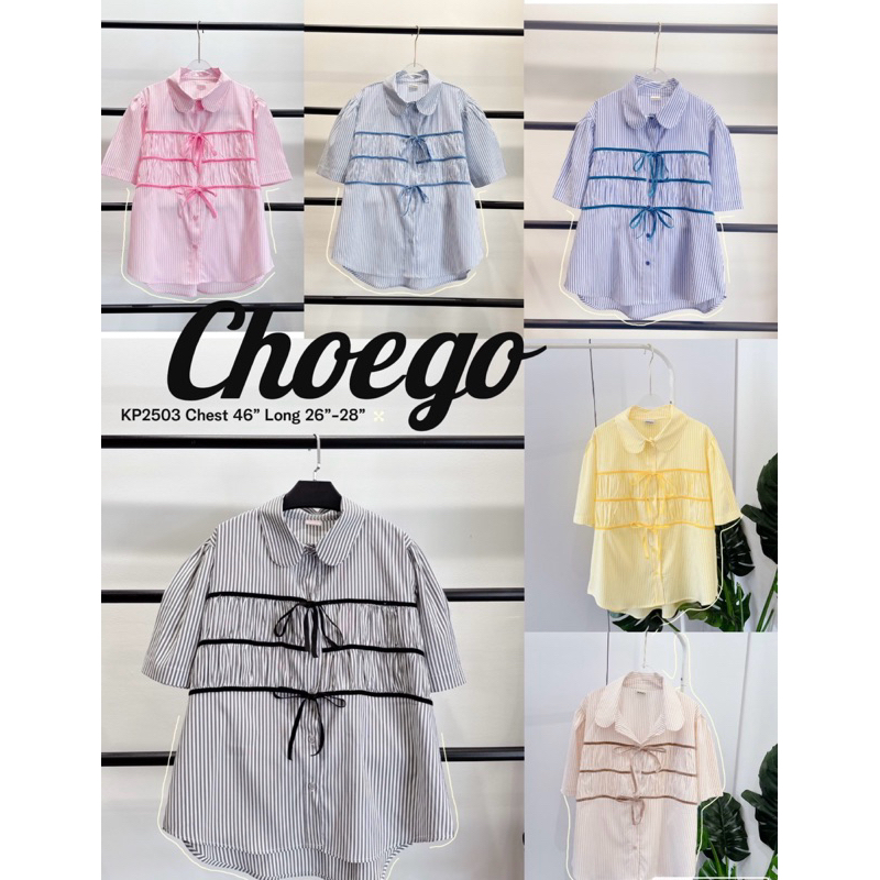 อก46“Gummy เสื้อเชิ้ตลายริ้วแขนสั้น แต่งกำมะหยี่เก๋ๆ แกะผูกได้ เปลี่ยนลุคได้ไม่ซ้ำวัน! -2503