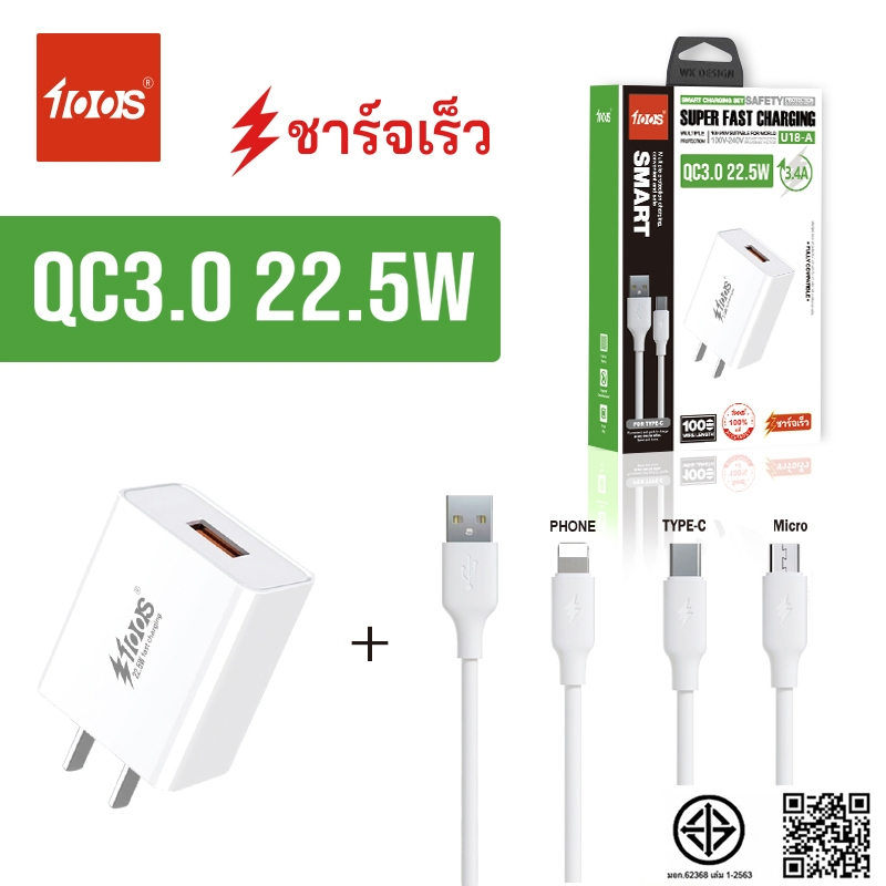 ชุดชาร์จ Megix U18 fast charging หัวชาร์จ +สายชาร์จ QC3.0 22.5W 3.4A [รองรับ iPhone Micro Type-C]