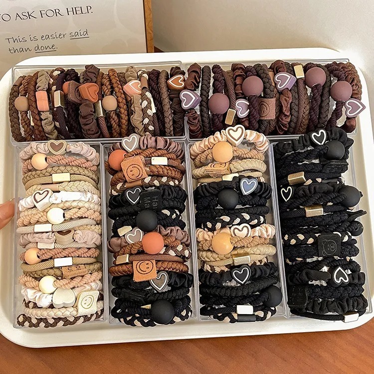 🎀5ชิ้น ยางรัดผมหนังพรีเมียม ยืดหยุ่นสูง ลายสก๊อต หัวใจ สีน้ำตาลเข้ม เบจ ส่งพรุ่งนี้