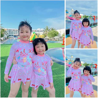 ชุดว่ายน้ำงานป้าย ผ้ายูวีกันแดด เนื้อดีและหนา ไม่บาง มีซิปหลัง เซท 3 ชิ้น บอดี้สูท และกระโปรงแยก พร้อมหมวก