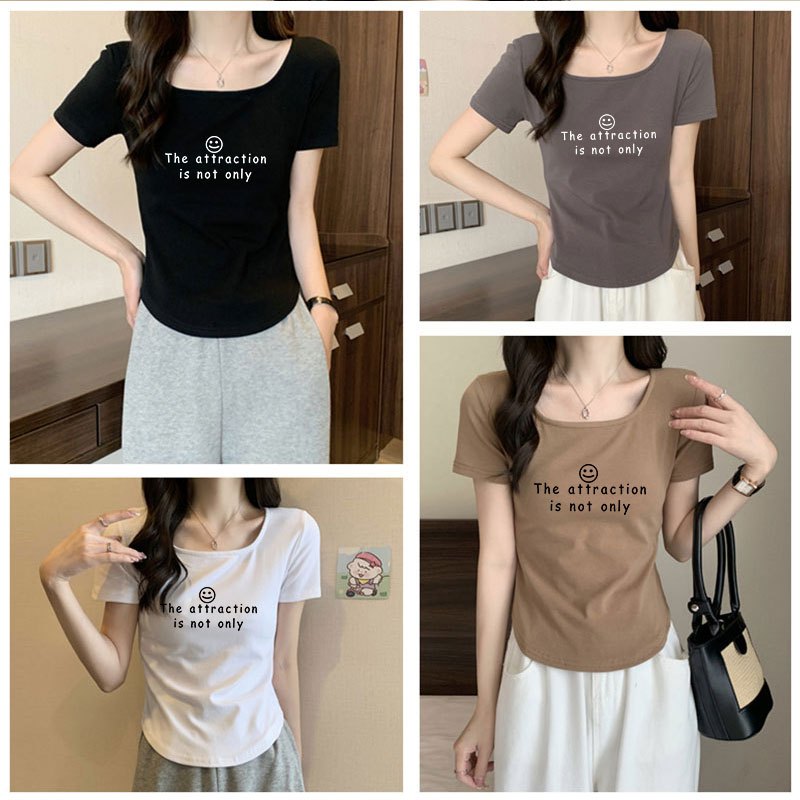 เสื้อครอปคอเหลี่ยมแฟชั่นมาใหม่ คอกระเช้าเบส เสื้อผ้าสาวอวบน่ารักๆ เสื้อยืดสวยๆผู้หญิงรัดรูปสลิมฟิตมินิมอลสไตล์เกาหลี 3XL