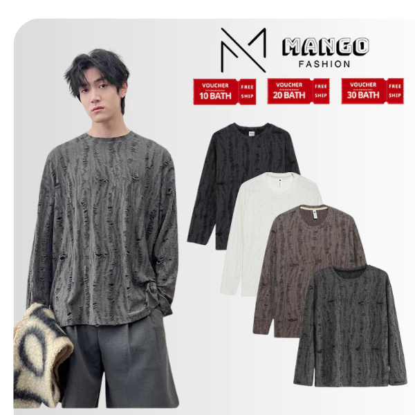 WS37 - เสื้อยืดแขนยาวผู้ชายดีไซน์ขาดแบบเฉพาะตัว M-2XL