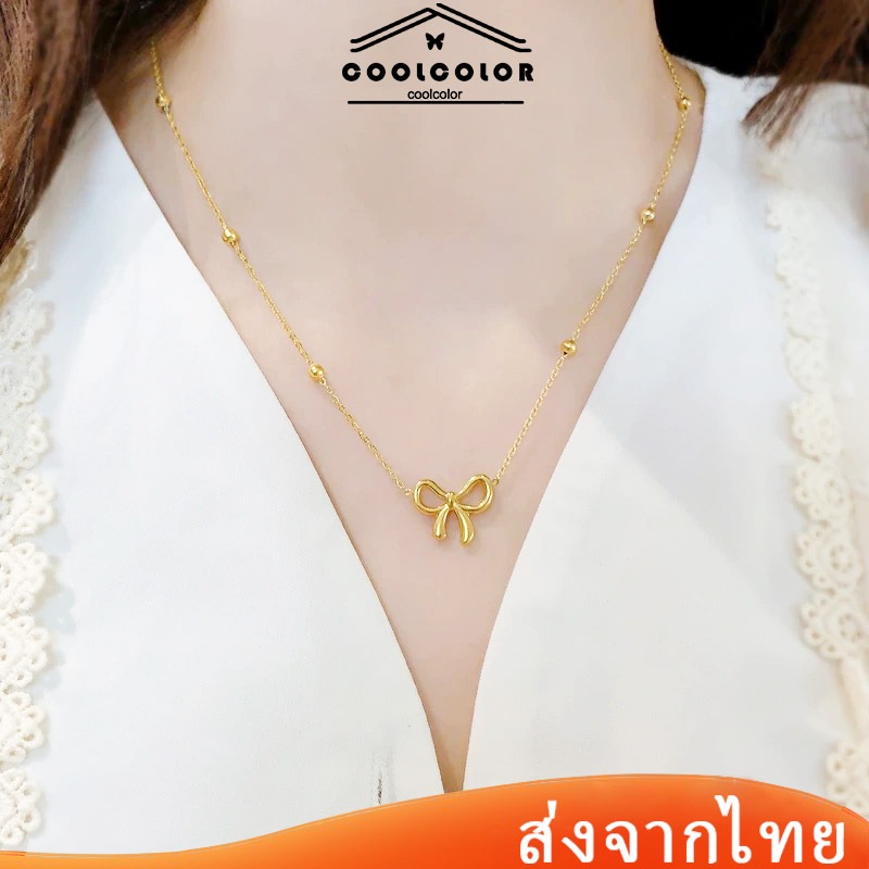 ในไทย💖สร้อยคอโบว์เหล็กไทเทเนียมInsโซ่ลูกปัดกลมแฟชั่นไม่เป็นสนิมสไตล์เกาหลีแบบเรียบง่ายเครื่องประดับสำหรับผู้หญิงCOD