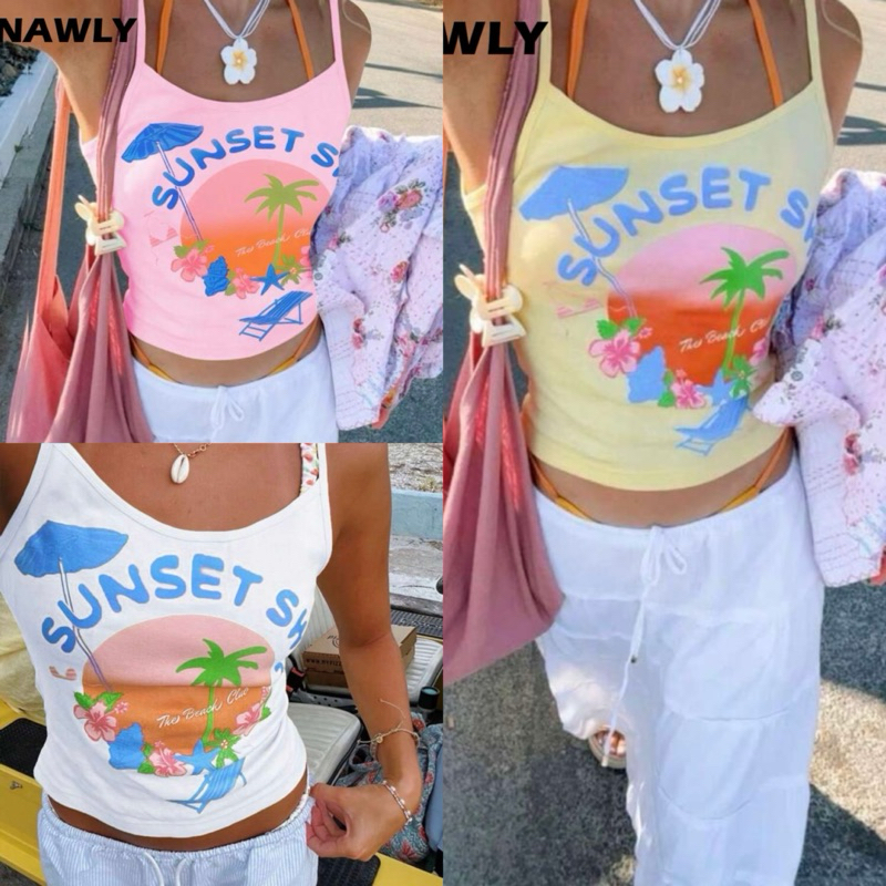 INAWLY เสื้อกล้ามสั้นพิมพ์ลายชายหาด สีเหลือง สำหรับผู้หญิง