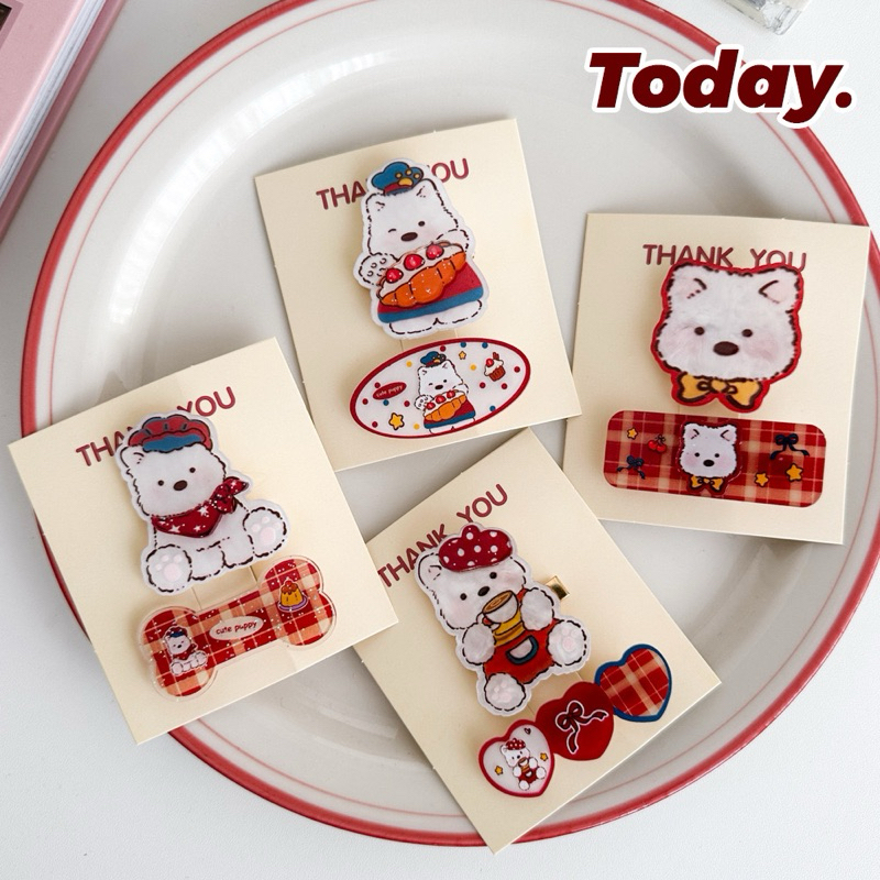 Cute 340 กิ๊บติดผม กิ๊บหนีบผมน้องหมา โทนแดง 2 ชิ้น/แพ็ค