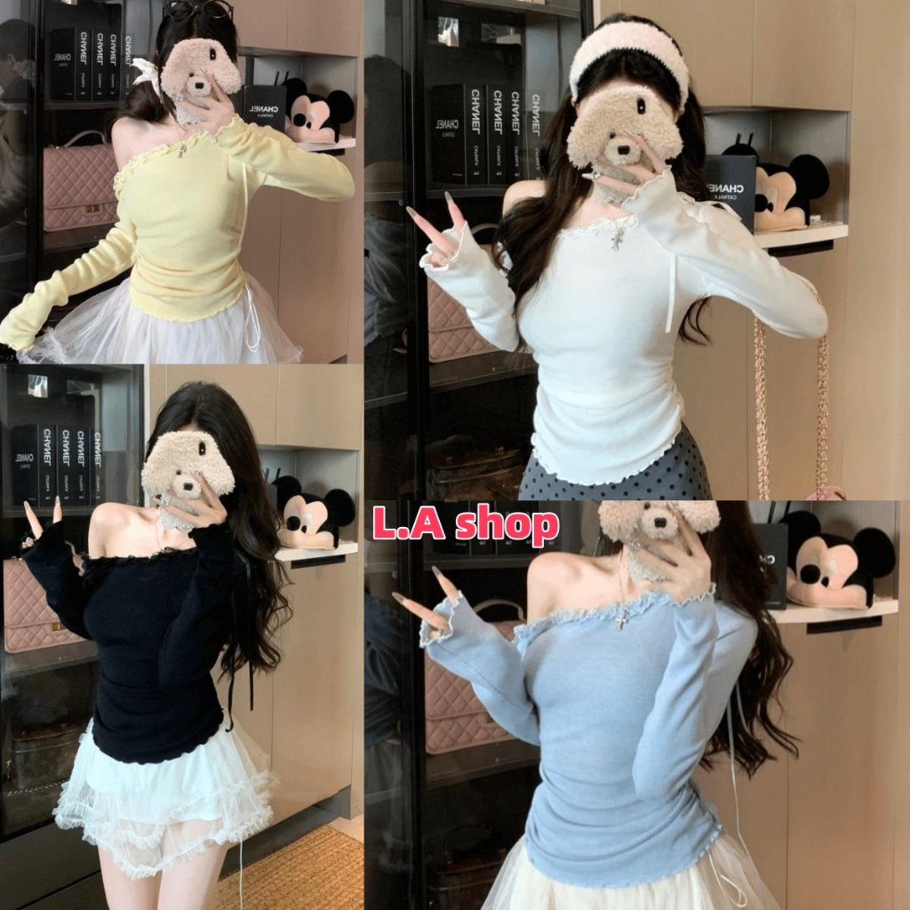 L.A Shop★สไตล์ใหม่★​พร้อมส่ง เสื้อเปิดไหล่ ไหมพรมแขนยาว น่ารักมาก ยืดพอดีตัวใส่ง่าย "BK-P-005"