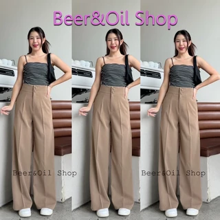 B001 Beer&Oil กางเกงขายาวเอวสูงงานดุมปั๊ม2เม็ดลิลลี่ ผ้าลิลลี่งานซิปหน้า มีกระเป๋า