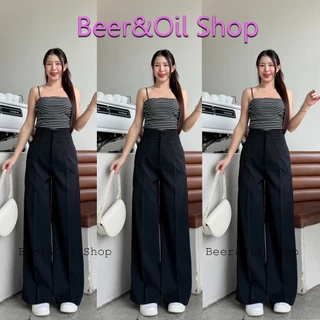 B001 Beer&Oil กางเกงขายาวเอวสูงงานดุมปั๊ม2เม็ดลิลลี่ ผ้าลิลลี่งานซิปหน้า มีกระเป๋า