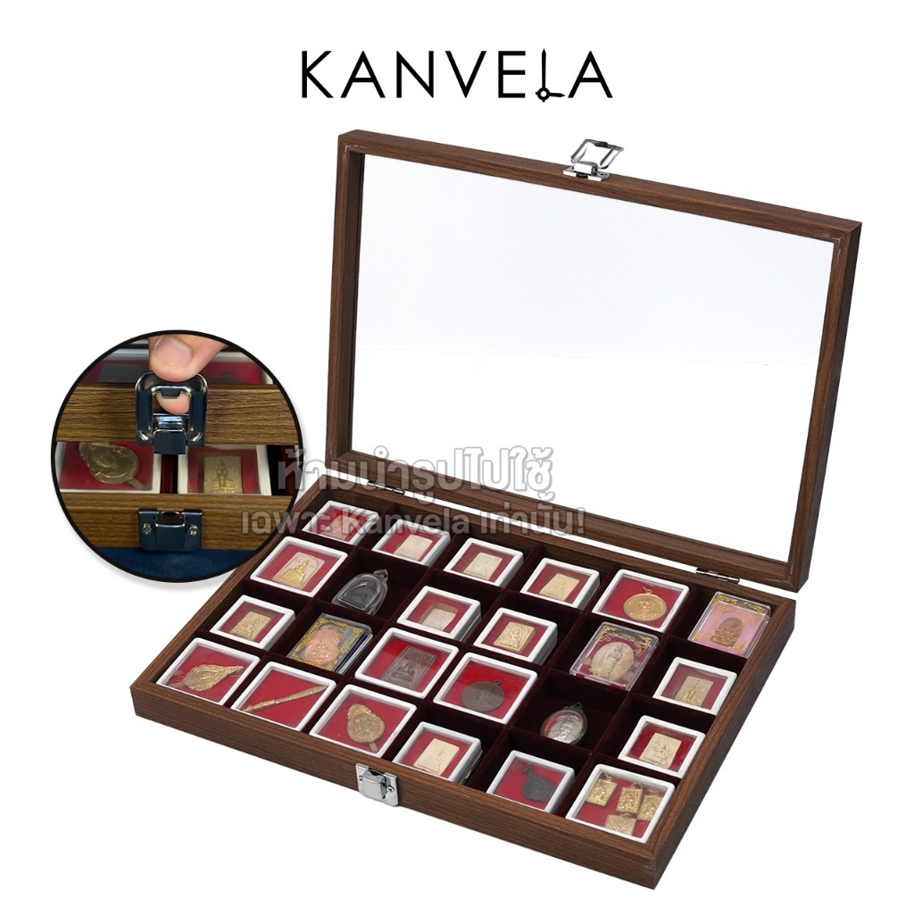 KANVELA กล่องเก็บพระเครื่อง ถาดใส่พระ ถาดโชว์พระ 24 ช่อง ภายในบุกำมะหยี่