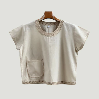 เสื้อผู้หญิงผ้าฝ้ายคอกลมซอมพอแขนสั้น มินิมอลน่ารักสวมใส่ง่ายๆใส่เที่ยวเล่นชิลชิล กินกาแฟถ่ายรูปสวยๆงานถักสุดเจ๋ง