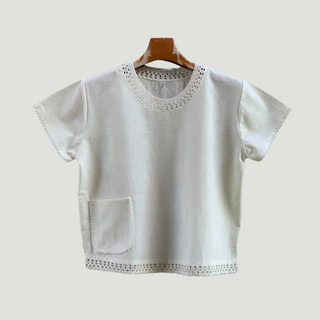 เสื้อผู้หญิงผ้าฝ้ายคอกลมซอมพอแขนสั้น มินิมอลน่ารักสวมใส่ง่ายๆใส่เที่ยวเล่นชิลชิล กินกาแฟถ่ายรูปสวยๆงานถักสุดเจ๋ง