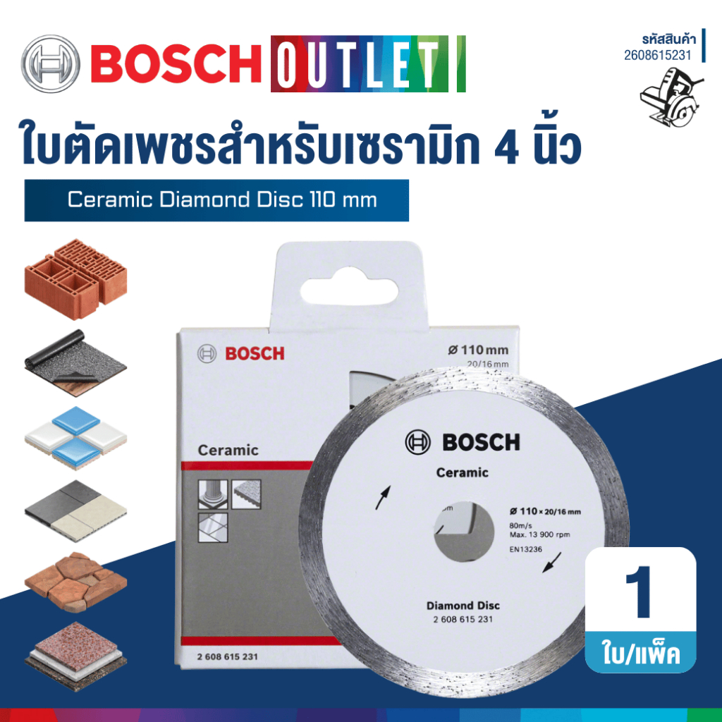 BOSCH ใบตัดเพชรสำหรับงานกระเบื้องเเละเซรามิก 4 นิ้ว #2608615231
