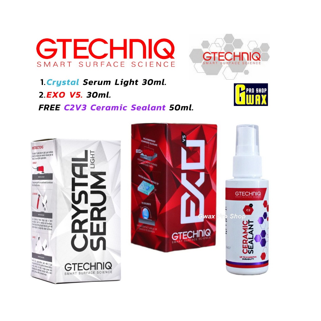 น้ำยาเคลือบเซรามิกแท้ รุ่นใหม่ล่าสุด Crystal Serum Light CSL + Gtechniq EXO V5 / Panel Wipe 500ml.