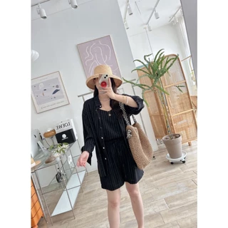 #ป้าย B524 เสื้อเชิ้ตแขนยาว + สายเดี่ยว + กางเกงขาสั้น (3 ชิ้น) มีให้เลือก 2 สี: ขาว / ดำ