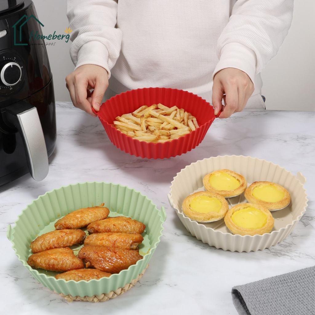 HOMEBERG 1ชิ้น แผ่นรองหม้อทอดไร้น้ำมัน ทำจากซิลิโคน สามารถใช้ซ้ำได้ล้างทำควาสะอาดง่าย แผ่นรองหม้อทอด