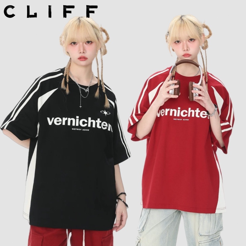 CLIFF เสื้อผู้ชาย รูปแบบ Hip - hop แขนสั้นลายทาง คอกลม หลวม สะดวกสบาย ใส่ได้ทั้งชาย และหญิง