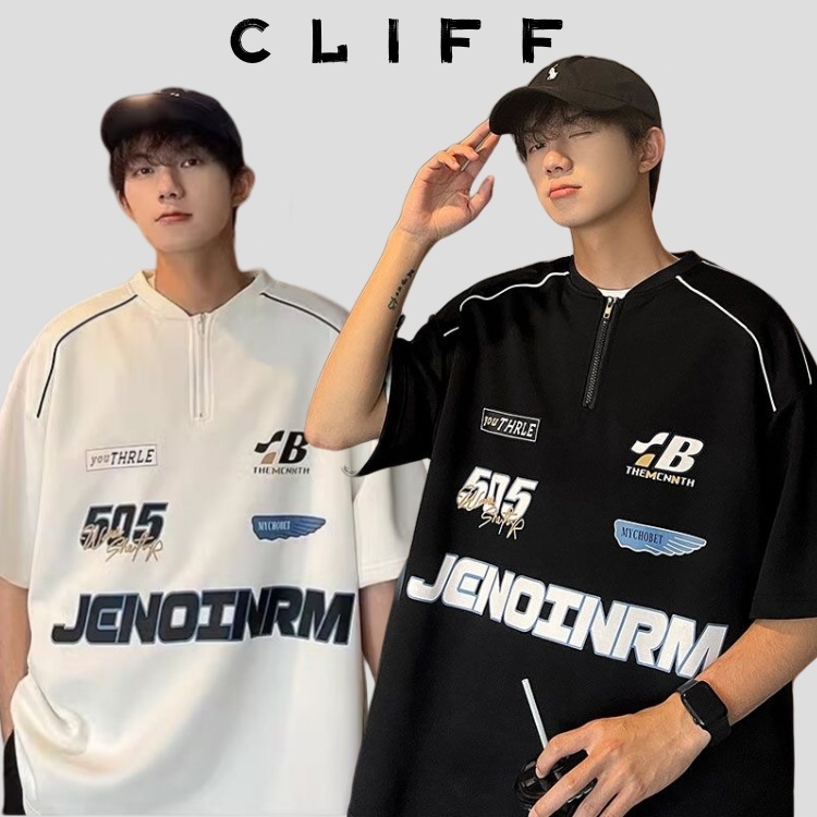 CLIFF-COD✅ เสื้อยืดมีซิป เสื้อยืดผู้ชาย สไตล์อเมริกันวินเทจ มีความรู้สึกของการออกแบบ กีฬาหลวม