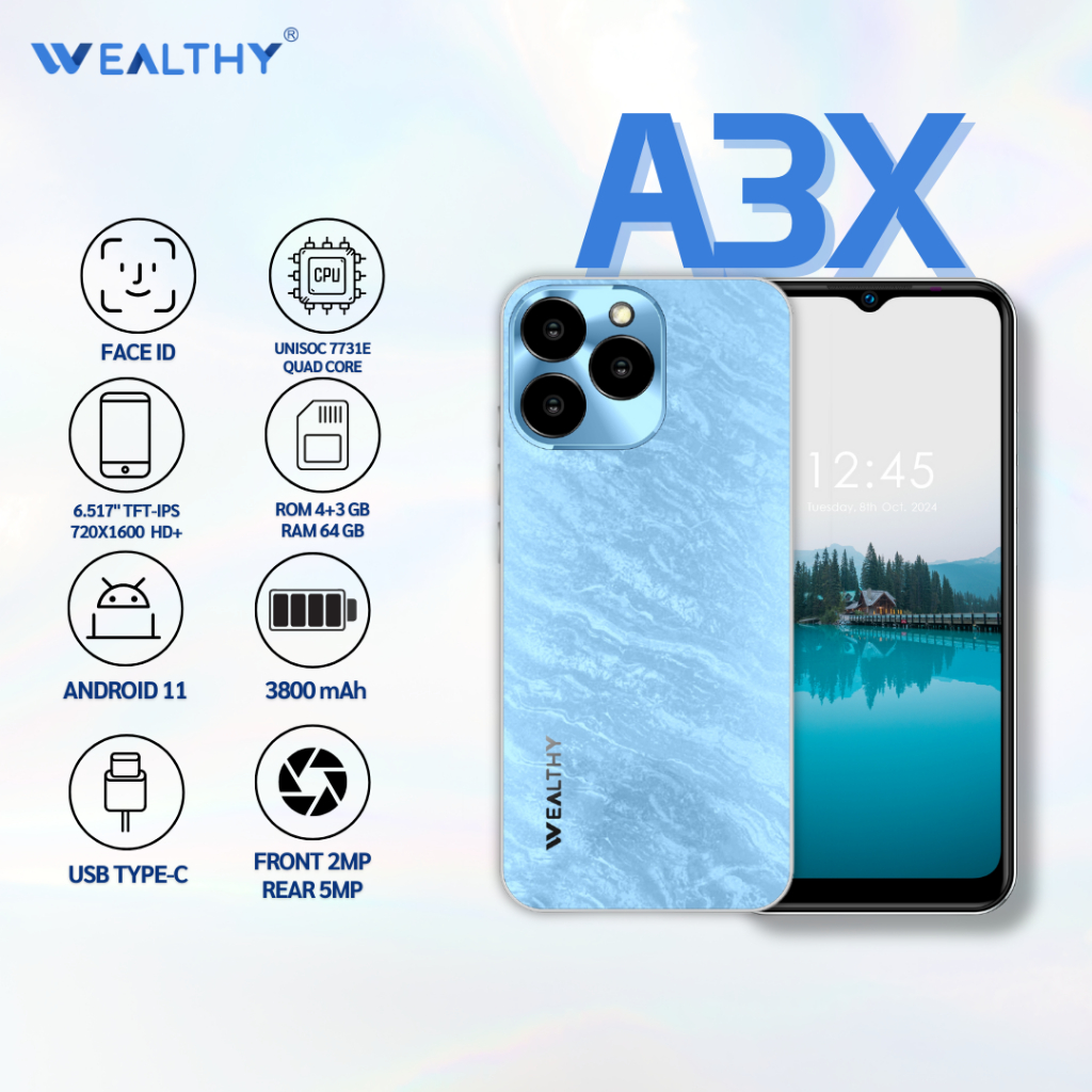 โทรศัพท์มือถือ WEALTHY รุ่น A3X (4+64GB) จอใหญ่ แบตอึด รองรับ 2 ซิม ราคาประหยัด เหมาะใช้งานทั่วไป