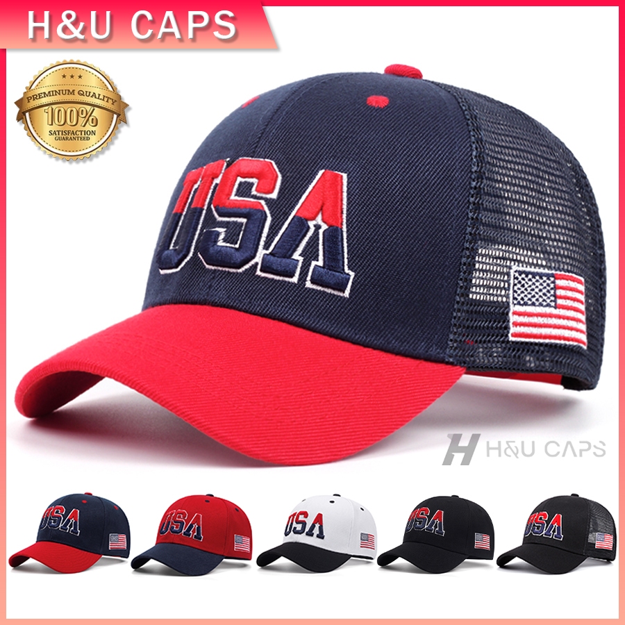 หมวกเบสบอล การออกแบบตาข่ายระบายอากาศ USA ปักลายตัวอักษร สําหรับผู้หญิง และผู้ชาย เหมาะสำหรับฤดูร้อน