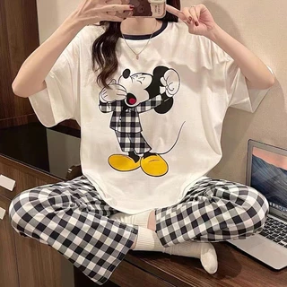(พร้อมส่งจากไทย) ชุดนอนผู้หญิงสไตล์เกาหลี แบบแขนสั้นขายาว ผ้าคอตตอนสแปนเด็กซ์ ลายการ์ตูน