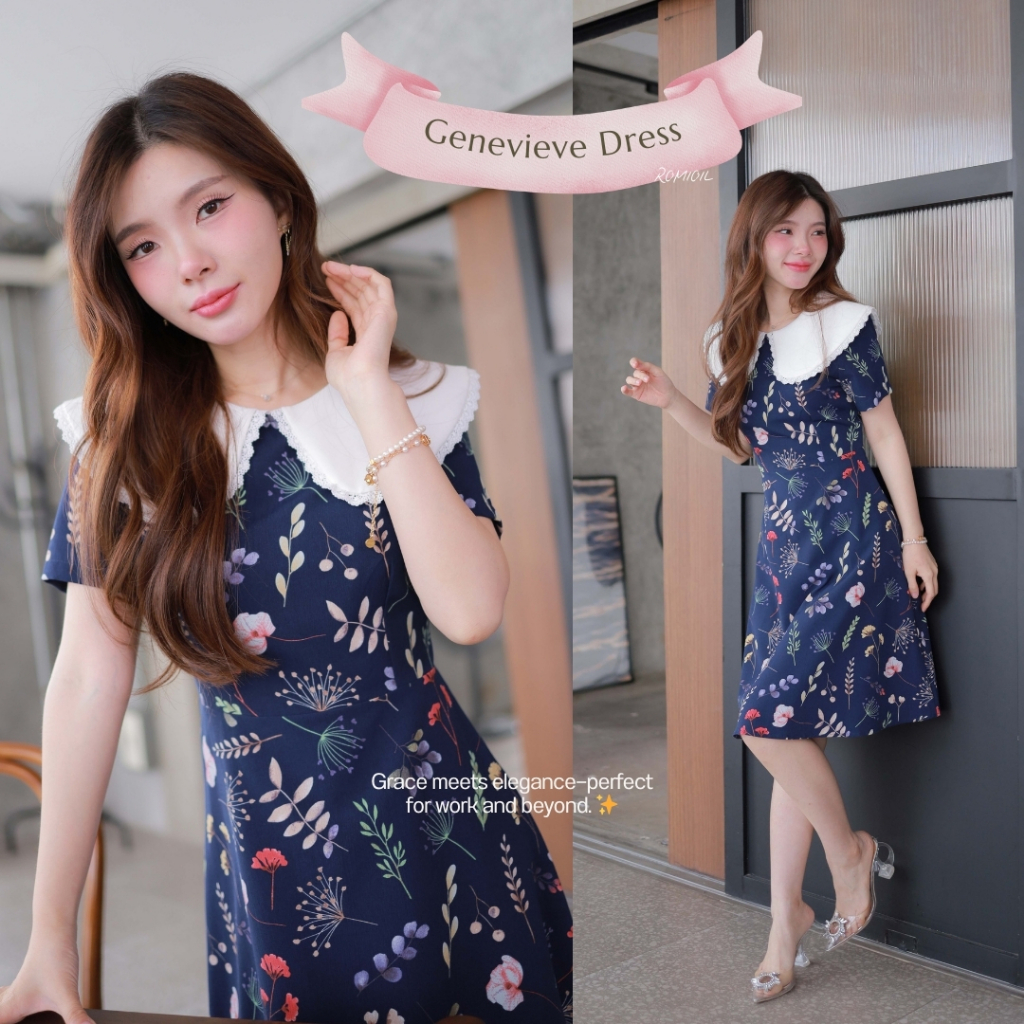 "Romi"Oil" Romi"Oil" Genevieve Dress (Navy) J206 ชุดเดรสสีกรม (คอบัวแต่งลูกไม้)
