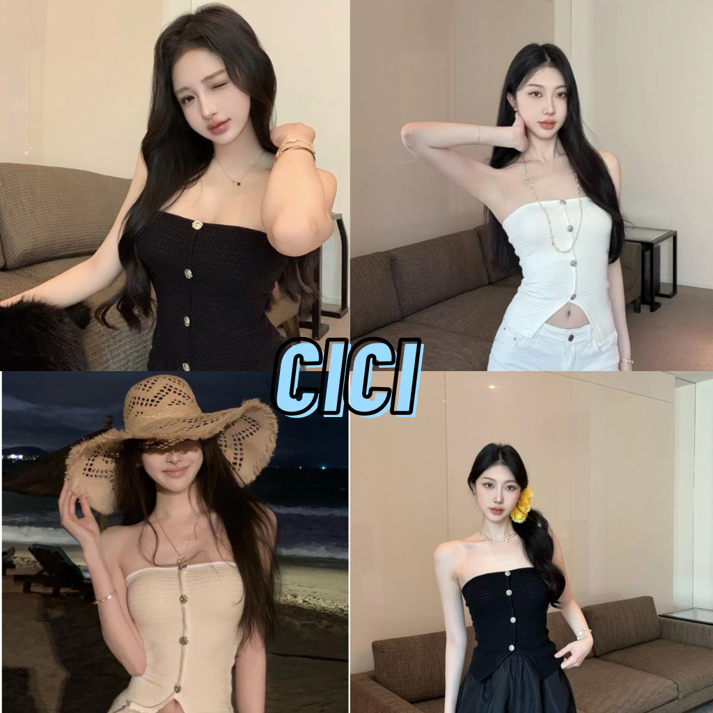 ส่งทันที Cici (NO. F376) เสื้อเกาะอกแต่งกระดุมเพชรกระดุมหลอกผ้าทออย่างดี สไตล์ลูกคุณหนู