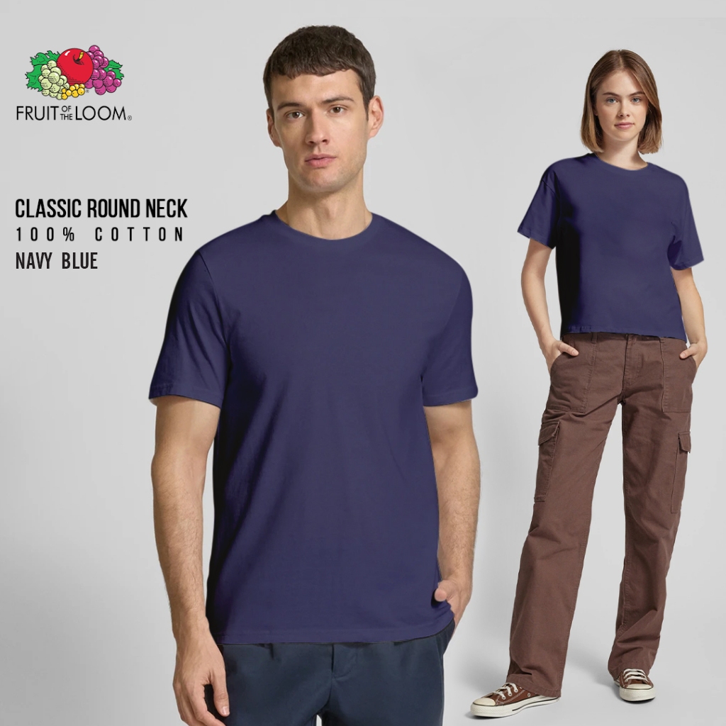 Fruit of the Loom Classic เสื้อยืด สำหรับผู้ชายและผู้หญิง คอตตอน 100% สีกรม NAVY BLUE