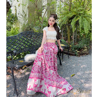 COM514 TARA SKIRT กระโปรงช้างยาว ลายธารา เอวสูง ทรงบอลลูน สม็อครอบเอว ผ้าไหมอิตาลี ผ้าดี ใส่สบาย ลายไม่กลับหัว