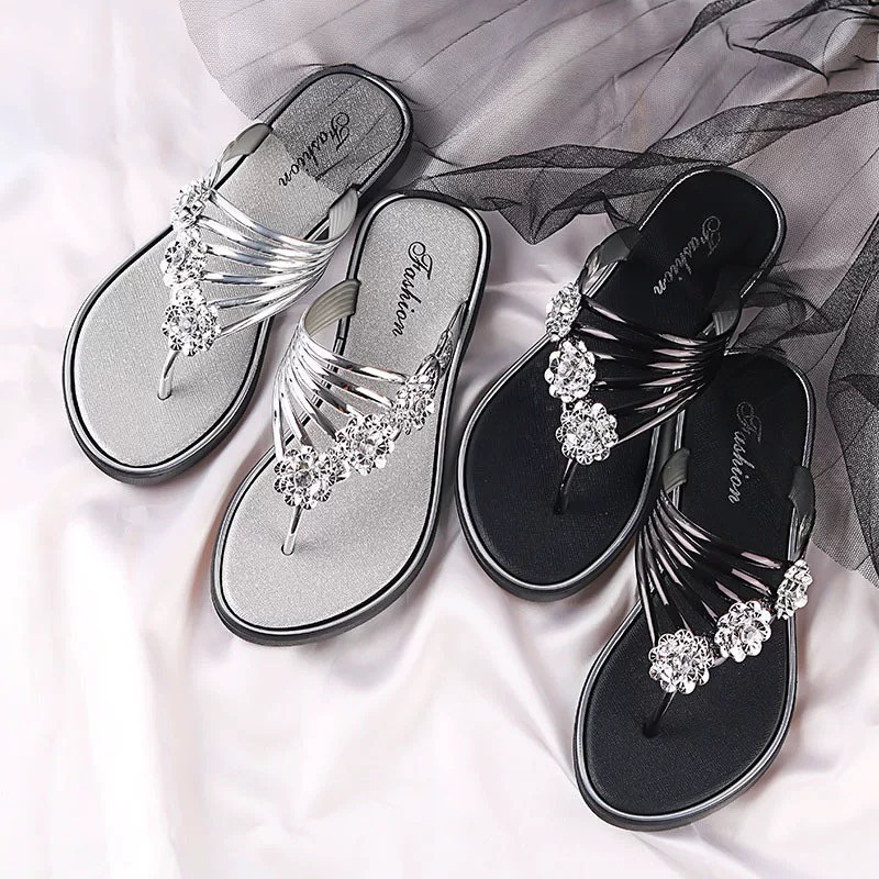 uyongit  รองเท้าแตะพื้นนิ่ม ดอกไม้ประดับเพชร ดีไซน์ที่ทันสมัย สไตล์เกาหลี พร้อมส่ง มีบริการส่งด่วน S-184