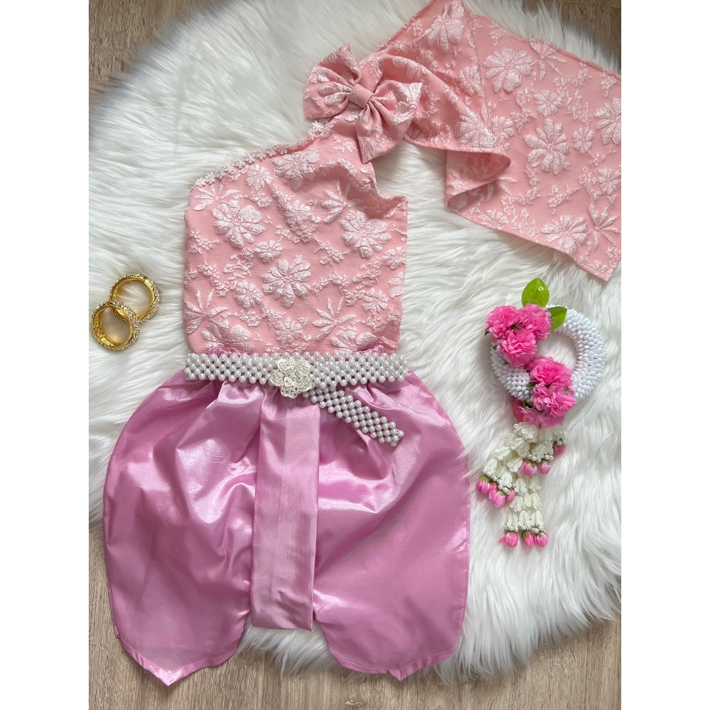 สไบโบว์ลายดอกเด็กผ้าแจ็คการ์ด สไบสำเร็จรูป FV98