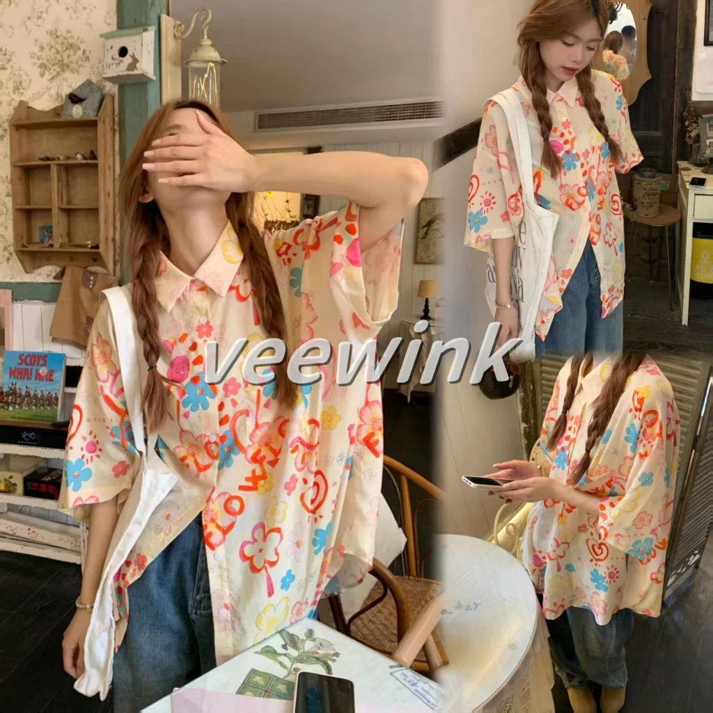 VEEWINK เสื้อฮาวายลายดอก Songkran แขนสั้น ผ้าชีฟอง