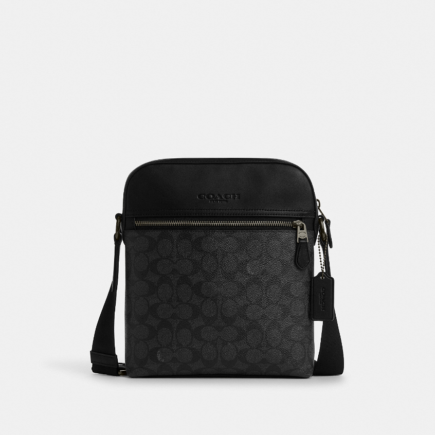 Coach CZ398 Houston Flight Bag In Signature Canvas (QBMI5) กระเป๋าสะพายข้างผู้ชาย สี Qb/Charcoal/Black