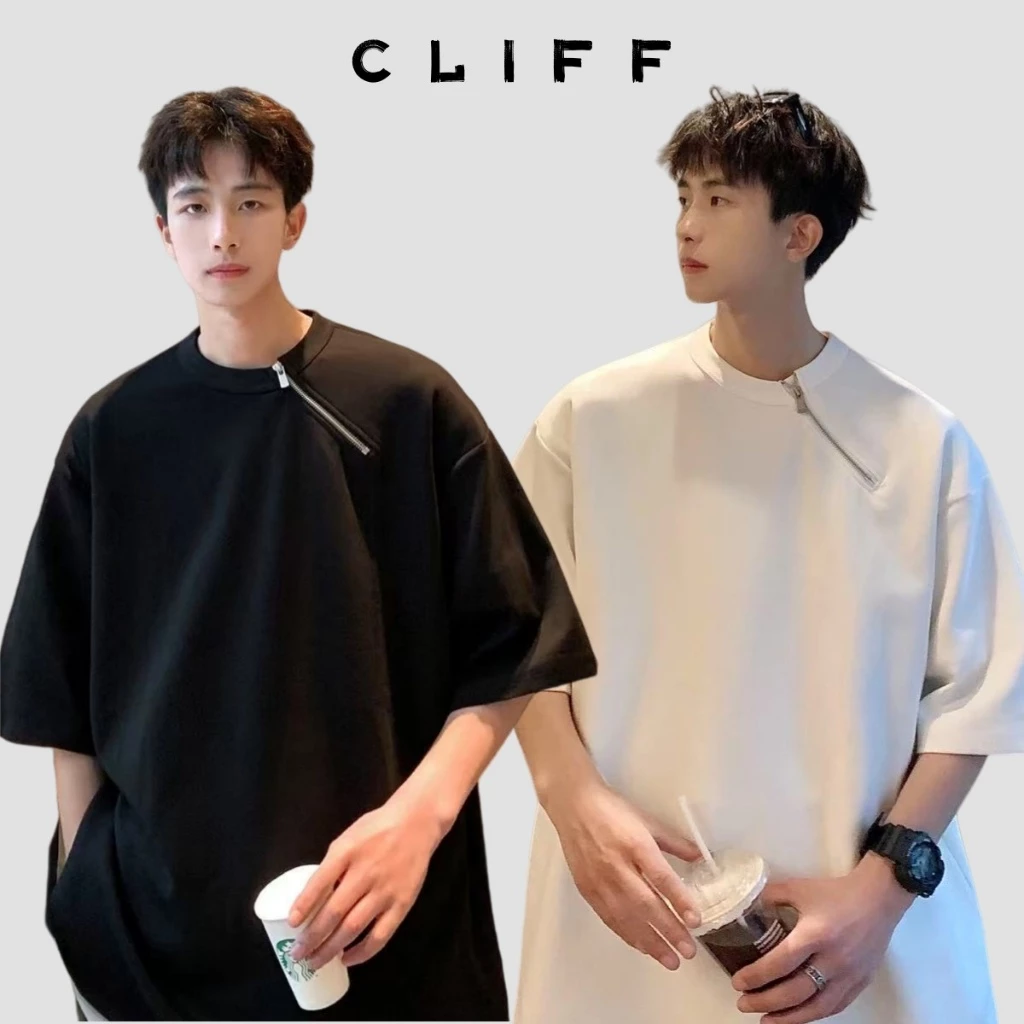 CLIFF เสื้อยืดแขนสั้น มีซิป เสื้อยืดผู้ชาย สีล้วนเรียบง่าย หลวมใส่สบาย ความรู้สึกของการออกแบบ