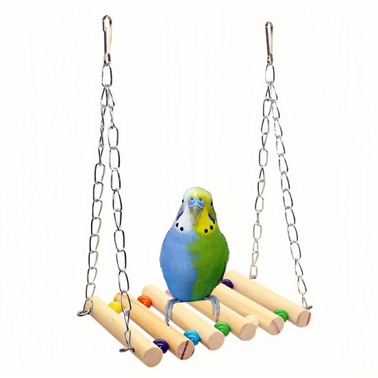 สะพานแขวนสวิงนกแก้ว คอนนกแขวนได้ สะพานแขวนสีไม้ธรรมชาติประดับลูกปัดสีรุ้ง ของเล่นนก ของตกแต่งกรงนก