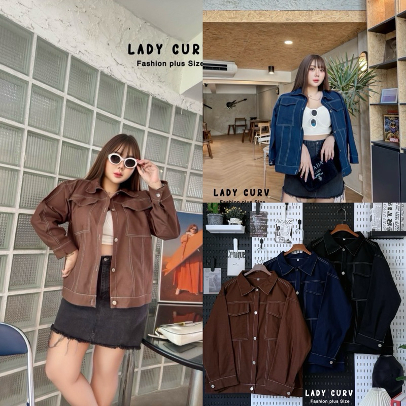 (LC) เสื้อแจ็คเก็ตสไตล์เท่ๆ แต่งด้ายขาวสลับสีมี กิมมิก เนื้อผ้ายีนส์คัตตอลทรงสวย อยู่ทรง ไซส์ใหญ่ พลัสไซส์